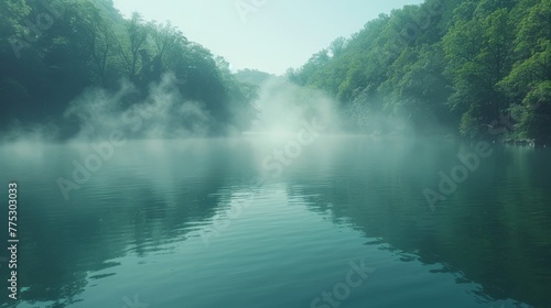   A forest lake surrounded by tall trees with lush green foliage