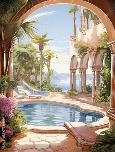 Illustration of a luxurious villa house with a tropical pool garden and comfortable furniture