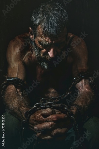 A man with his hands bound in chains, suitable for illustrating concepts of captivity and restriction