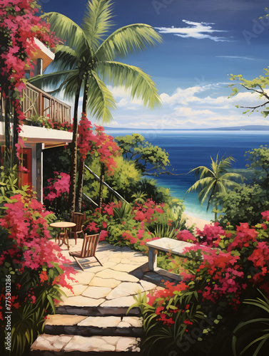 Illustration of a tropical resort villa in tropical paradise with palm trees and ocean 