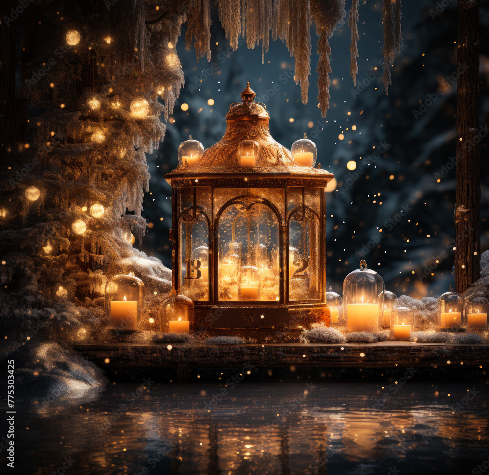 Lanterns and candles in the snow at night Lanterns and candles in the snow at night