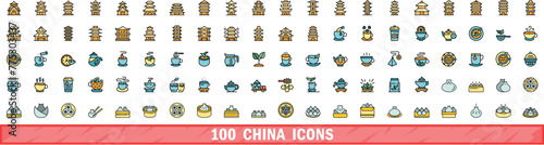 100 china icons set. Color line set of china vector icons thin line color flat on white photo
