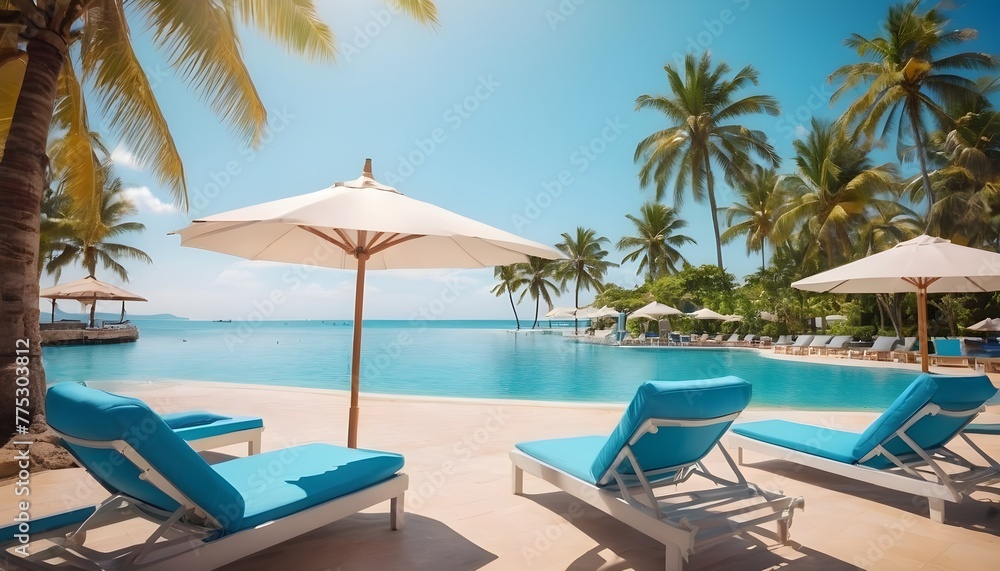 Happy tourism holiday landscape. Luxury beach resort hotel swimming pool, leisure beach chairs under umbrellas palm trees, blue sunny sky. Summer island seaside, relax mood travel vacation background
