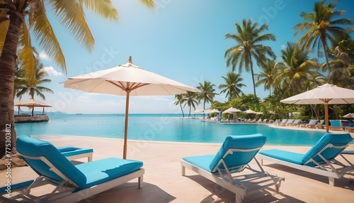 Happy tourism holiday landscape. Luxury beach resort hotel swimming pool, leisure beach chairs under umbrellas palm trees, blue sunny sky. Summer island seaside, relax mood travel vacation background  © Ai Creatives