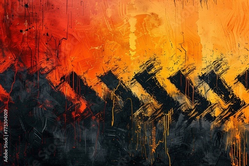 Sunburst with a dark twist: A mesmerizing abstract background explodes with a sunburst of vibrant orange and yellow hues. The fiery energy is contrasted by a dynamic, gritty black distressed texture © Martin