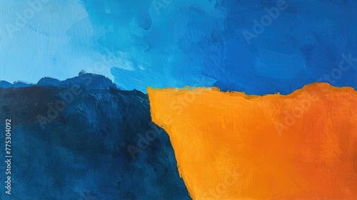 The oil painting abstract picture of the primary colour and secondary colour that is blue and orange in order mixing each other yet it uncompleted and split like they are fighting each other. AIGX01.