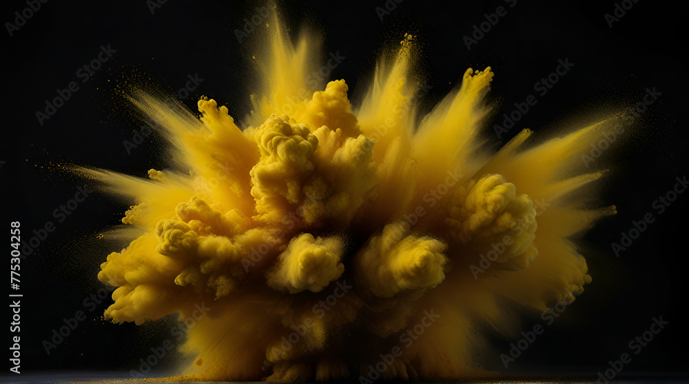 Explosion of yellow powder on black background abstrak .Generative AI