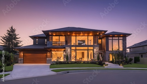 New Contemporary Style Luxury Home Exterior at Twilight © Ai Creatives
