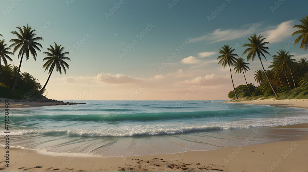 Beautiful Tropical Beach with waves sand and palm tree .Generative AI