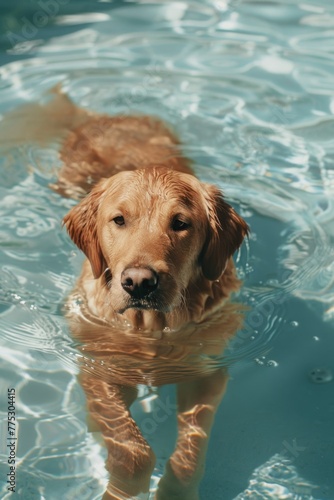 A playful dog swimming in a pool with a frisbee in its mouth. Suitable for pet and summer-themed designs © Fotograf