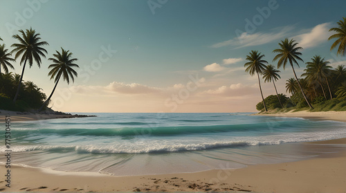 Beautiful Tropical Beach with waves sand and palm tree .Generative AI