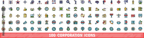 100 corporation icons set. Color line set of corporation vector icons thin line color flat on white