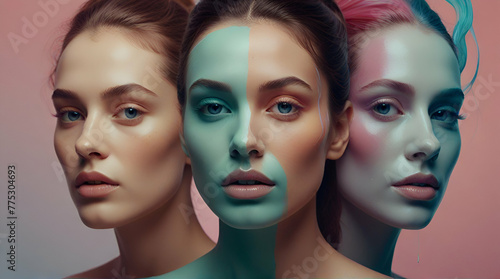 Abstract facial filler injections, ethereal fluids blending into facial contours, pastel colors with bursts of vibrant hues, surreal but scientifically accurate .Generative AI