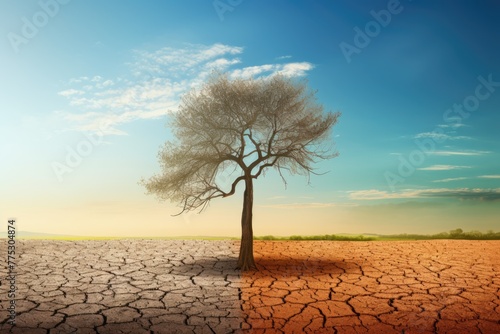 A solitary tree stands in a cracked desert landscape  symbolizing endurance and adaptability in harsh conditions. Lone Tree in Dried Cracked Desert Landscape