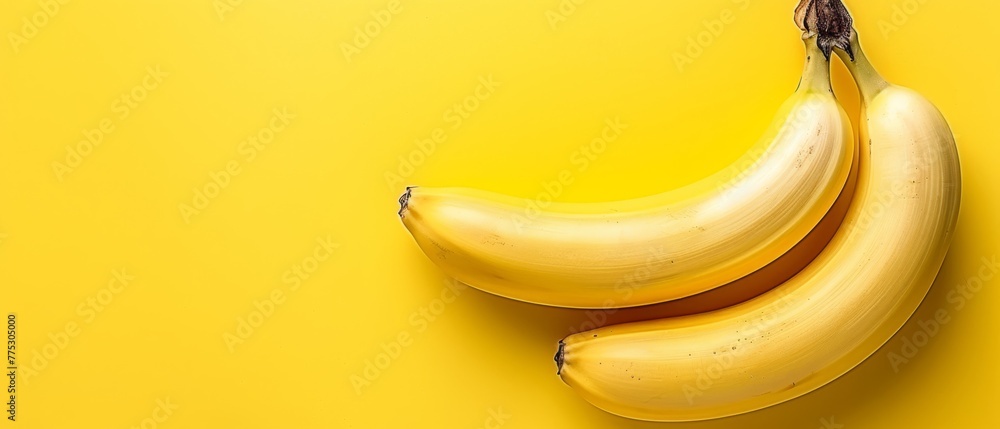 A group of fully ripe bananas resting atop a sunny countertop alongside a yellow peel backdrop A group of fully ripe bananas resting atop a sunny countertop alongside a yellow peel backdrop