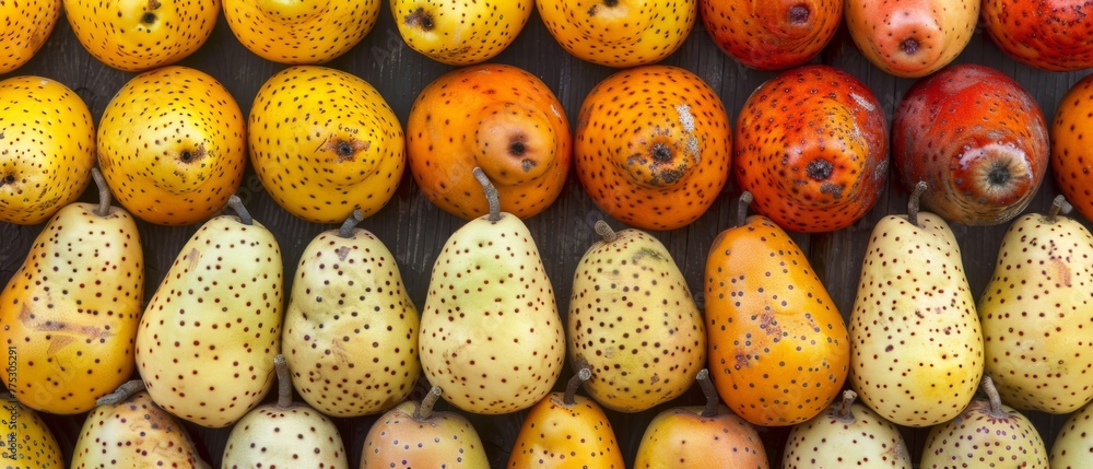 An array of various fruits arranged on a wooden board with holes cut into its upper section An array of various fruits arranged on a wooden board with holes cut into its upper section