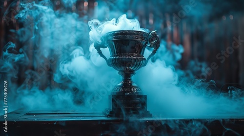 Silver trophy competition scene set in darkness, featuring smoke and providing copy space.
