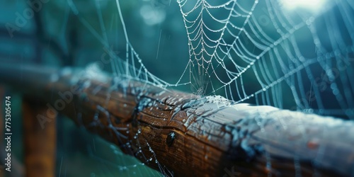 Detailed view of spider web with water droplets, perfect for nature themes #775305474