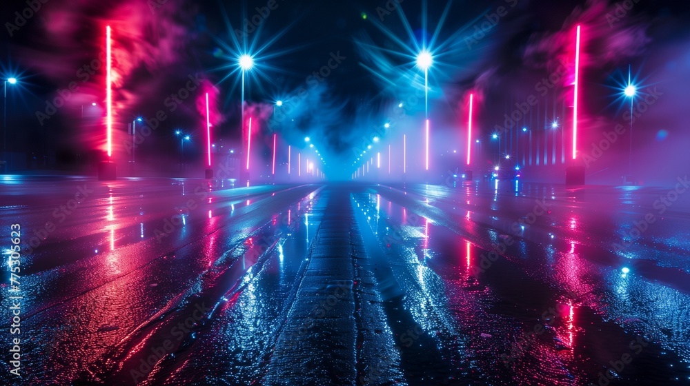 A captivating scene of wet asphalt under the glow of neon lights, weave through the air, adding a mysterious depth to the night.