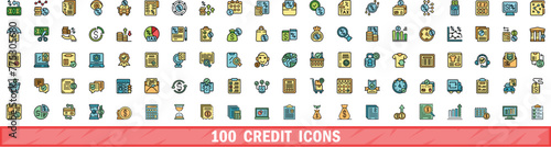 100 credit icons set. Color line set of credit vector icons thin line color flat on white