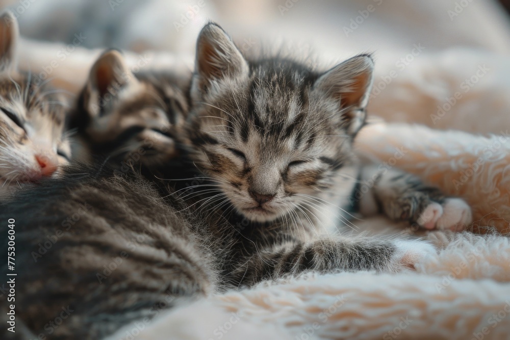 Adorable kittens relaxing on a cozy blanket. Suitable for pet lovers or animal-themed designs