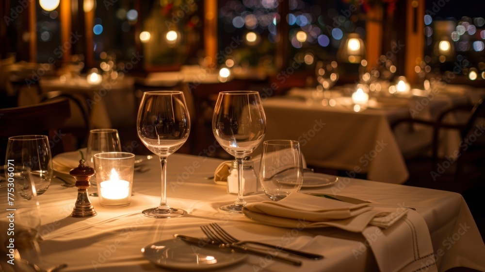 An elegant dining table set with crystal wine glasses, candlelight, fine cutlery, and a white linen tablecloth, in a cozy restaurant with a view of city lights.