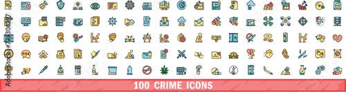 100 crime icons set. Color line set of crime vector icons thin line color flat on white