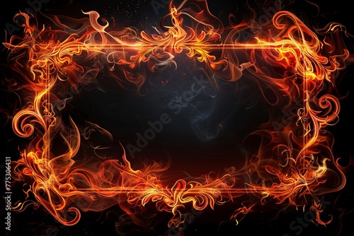 A flamboyant frame, fashioned from tongues of vibrant fire, surrounds a vacant space on a jet-black background.