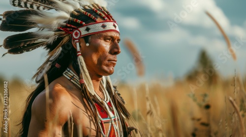 Portrait of an Apache warrior wearing a traditional headdress and feathers displaying indigenous culture and heritage in a field at sunset photo