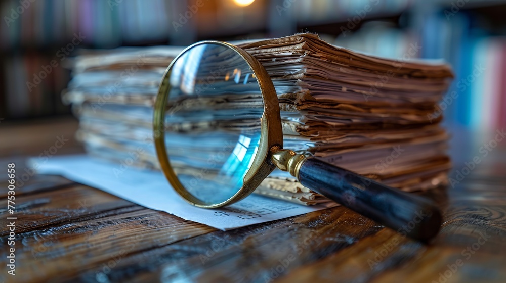 Stack of report paper documents with a magnifying glass, representing the idea of business and search. Stack of report paper documents with a magnifying glass, representing the idea of business and search.