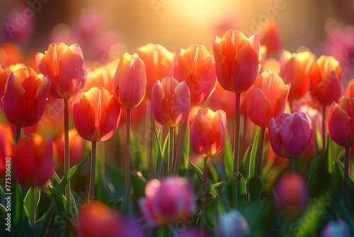 A profusion of vibrant tulips dances in the gentle breeze  their petals unfurling like colorful ribbons in a springtime celebration. Concept of seasonal blossoms and renewal. Generative Ai.