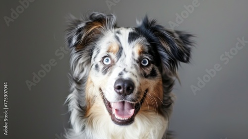 Australian Shepherd dog portrait with blue eyes and merle coat showing a happy expression © Superhero Woozie