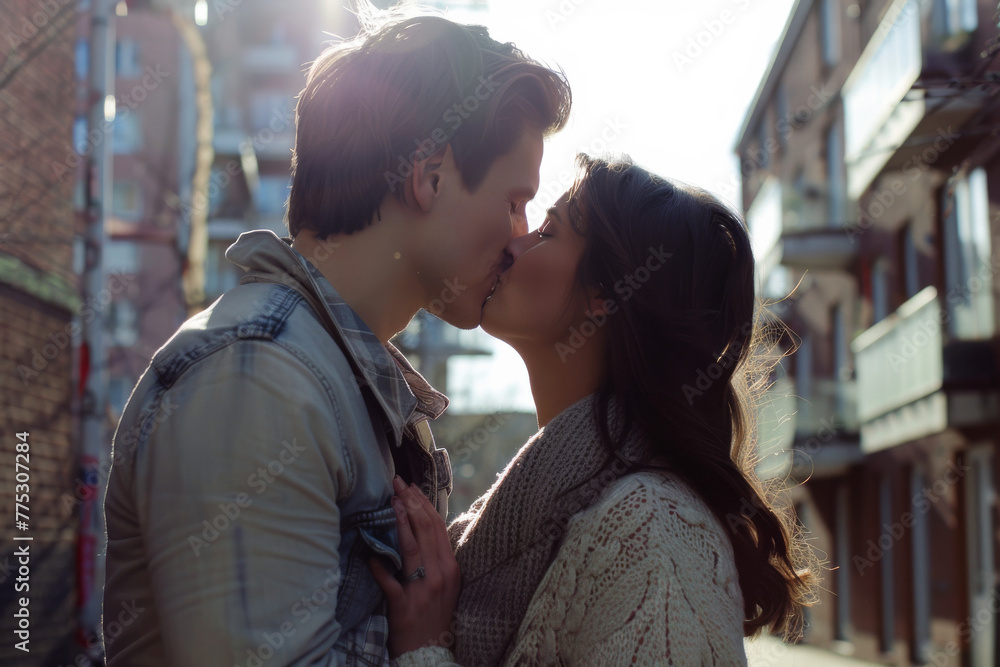 A man and a woman kissing in front of a building A man and a woman kissing in front of a building