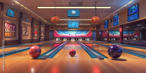 A bowling alley with scattered bowling balls. Suitable for sports and leisure concepts