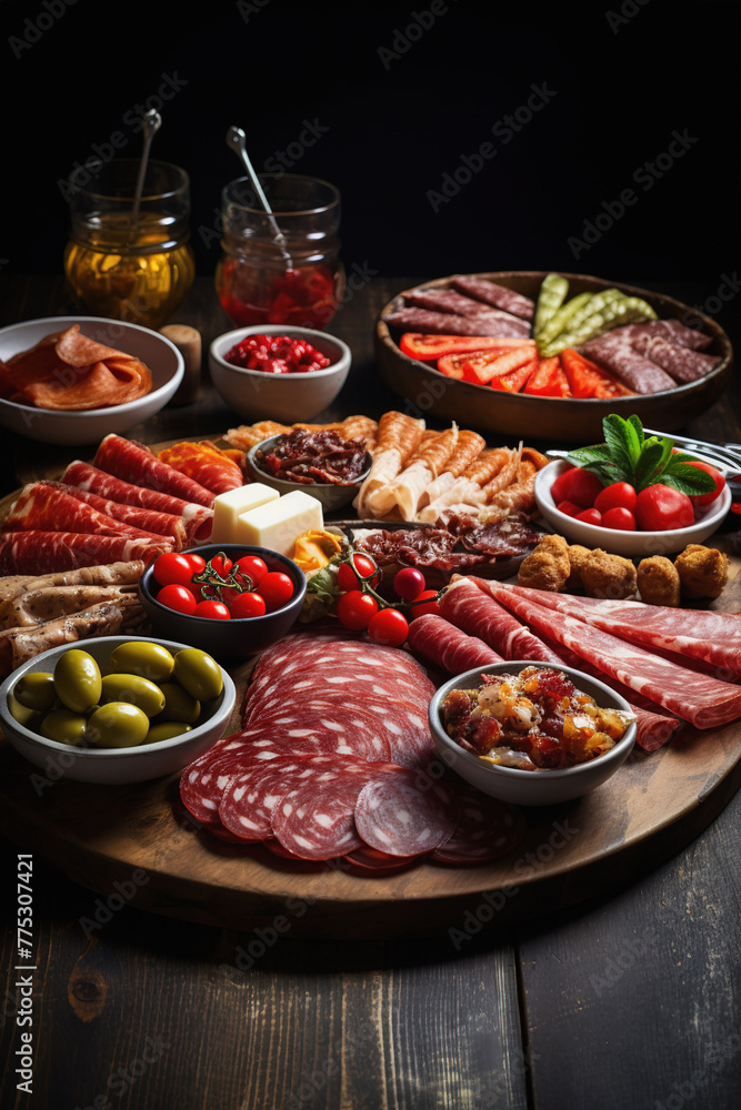 Spanish tapas platter with meats, olives, bread, accompanied by wine