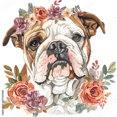 Bulldog Vintage Flowers Artistic blooming Vector Illustration