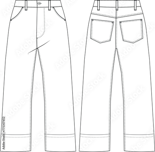 mid rise mid waist straight denim jean pant trouser template technical drawing flat sketch cad mockup fashion woman design style model

