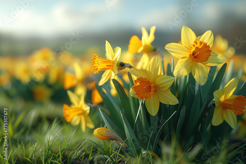 A patch of whimsical daffodils sways in the breeze, their sunny blooms heralding the arrival of springtime. Concept of seasonal renewal and joyful anticipation. Generative Ai.