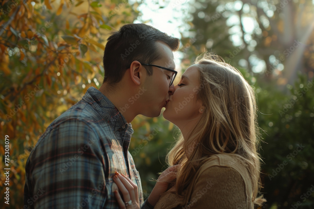 Fototapeta premium A man and a woman kissing in front of trees