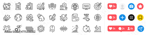 Sound wave, Coronavirus lungs and Fingerprint line icons pack. Social media icons. Bitcoin graph, Time management, Charging station web icon. Vector