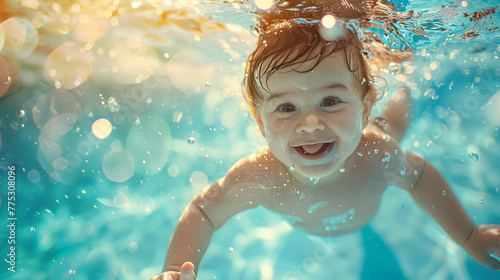 A little baby smiling while having fun underwater © vetre
