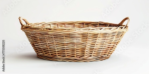 A wicker basket with handles on a plain white background. Suitable for various design projects