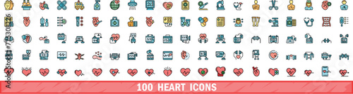 100 heart icons set. Color line set of heart vector icons thin line color flat on white