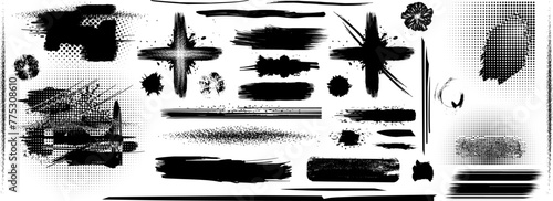Vektor Set Tinte Design Elemente - Pinsel Striche Pinselstriche mit Klecksen - Farbkleckse Farbe Schwarz und isoliert - abgenutzter Effekt