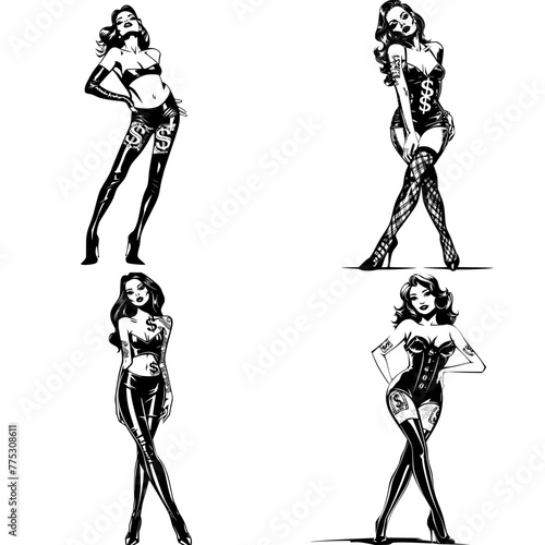 silhouette of a girl with dollar symbols ,high heels, set four images in one vector