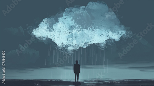 Vector art illustration of a lonely figure under a rain cloud, minimalist design conveys sadness photo