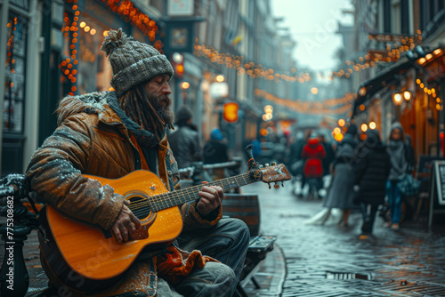 A bustling city square, where one street performer captivates the crowd with their talent, while another sits nearby, unnoticed and forgotten. Generative Ai.