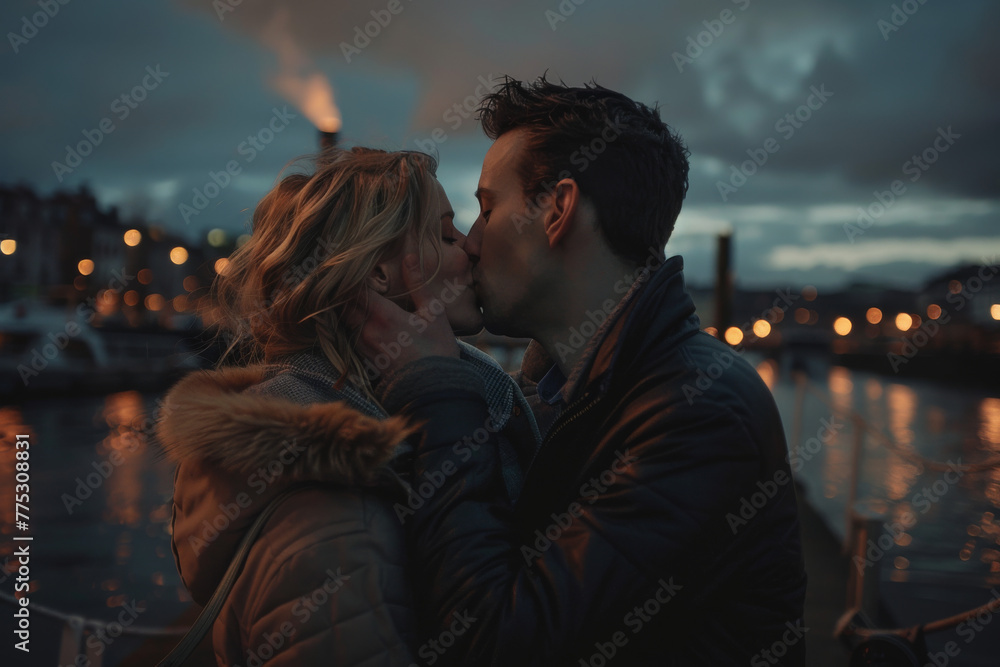 A man and woman are kissing in front of a body of water