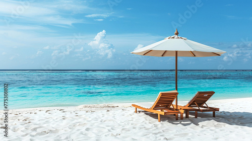 Two sun loungers and a white umbrella on a pristine sandy beach