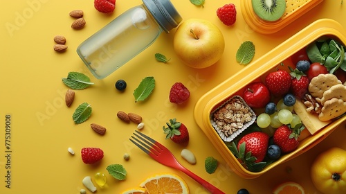Above view photo of lunch box containing nutritious food isolated on yellow background. Lunch in the school cafeteria concept. photo
